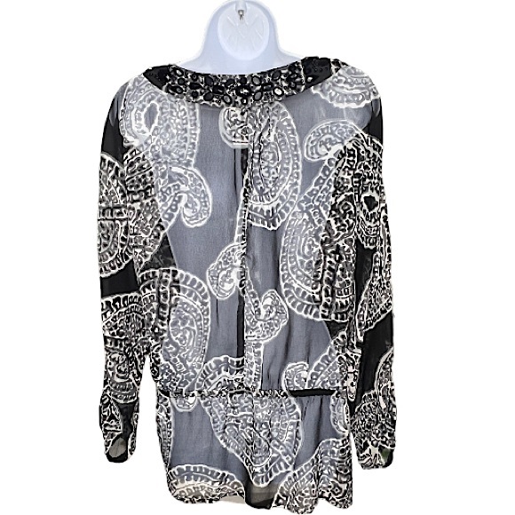 Adrienne Vittadini Black & White Paisley Design Beaded B-Neck Blouse Size XL EUC - Picture 3 of 14